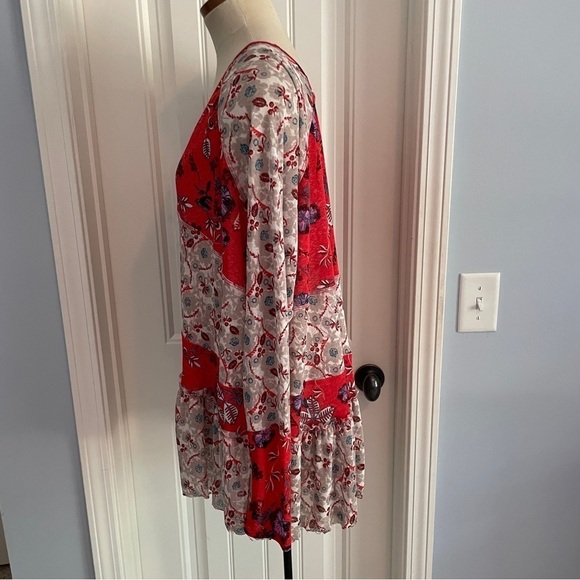 Free People Small Isabelle Tunic Top ~ Oversized Boho Peasant Red Floral - Picture 2 of 6